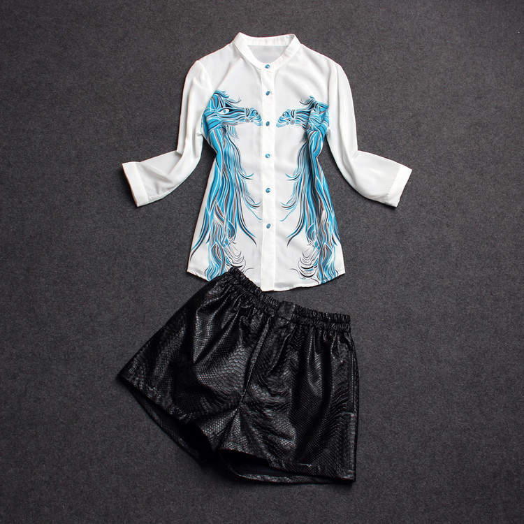 欧洲站 2014夏新款女装 长袖<em>印花</em>上衣+PU<em>皮短</em>
