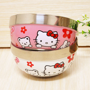 hello kitty不锈钢碗 凯蒂猫韩版粉白卡通碗 儿童隔热
