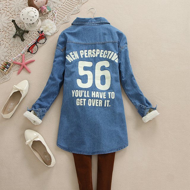 2014春季女装 56<em>英文</em>字母牛仔休闲衬衫 <em>开衫</em> 