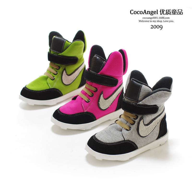 2014秋冬款 儿童高帮休闲鞋 男童女童真皮拼接炫彩夹棉薄绒运动鞋