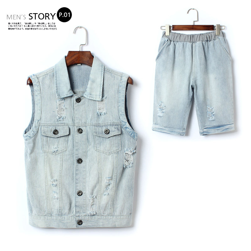 夏季韩版<em>男士短袖</em>条纹<em>牛仔马甲</em> 修身七分牛仔