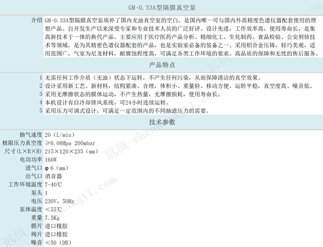 GM-0.33A型隔膜真空泵规格参数