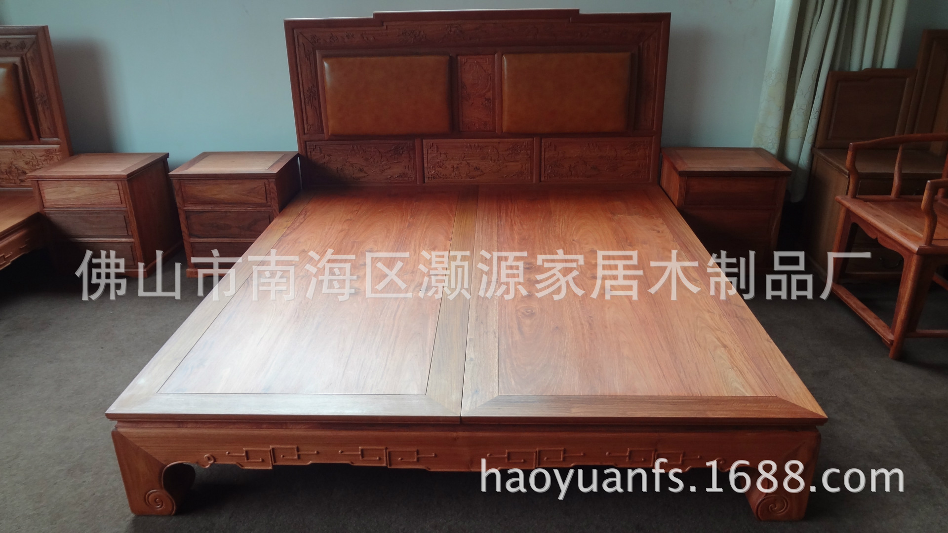 缅甸花梨雕花拼双皮靠背大床三件套(客户定制)