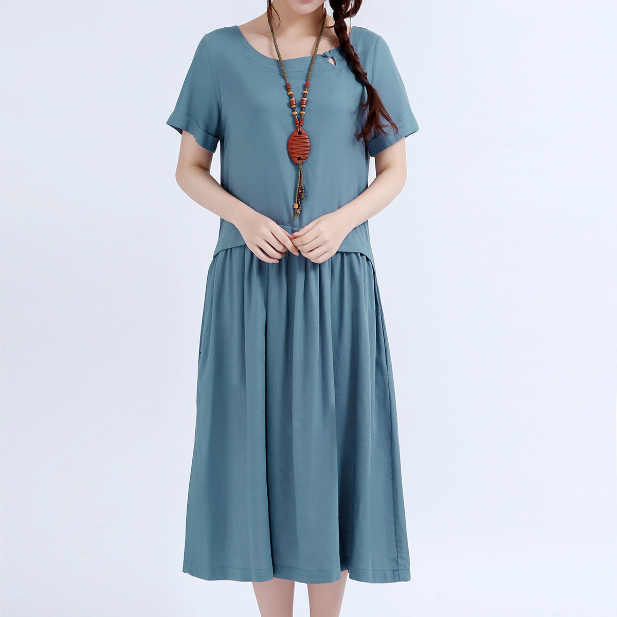2014夏季新款牛仔蓝棉麻连衣裙短袖 外贸女装