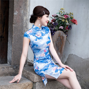 2014秋季女装新款荷花提花棉修身短旗袍裙改良时尚日常旗袍女批发