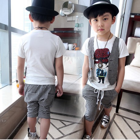 2014韩版童装儿童<em>夏装</em>格子假<em>马甲</em>烫钻中裤男