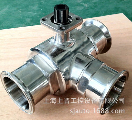 卫生级气动三通球阀,不锈钢材质,卡箍式连接