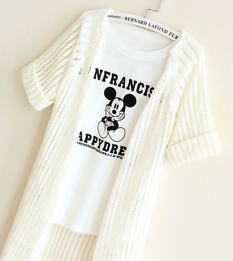 韩国镂空竖条中<em>长款</em>针织<em>开衫</em>鱼线编织短袖<em>外套</em>