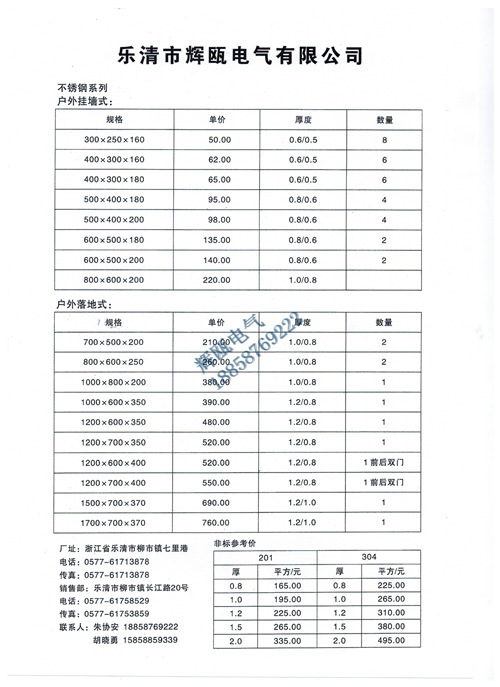 價格表 001