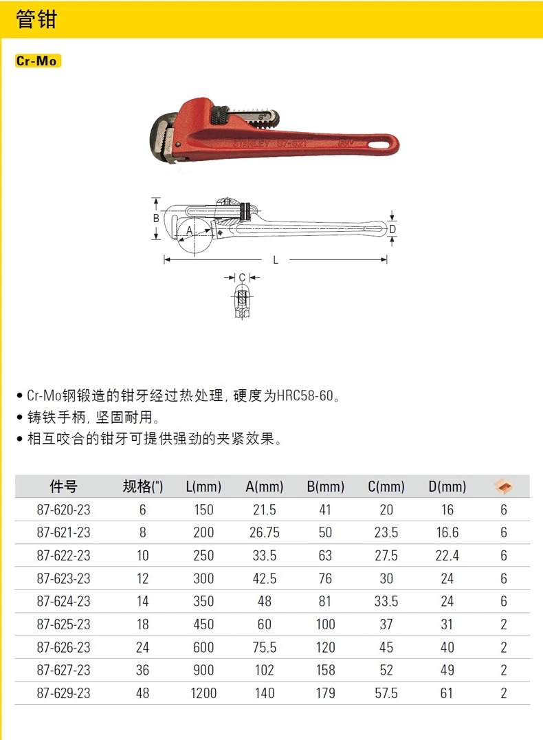 广东佛山正品史丹利工具管钳水管钳 加硬管子钳 87-623-23 14 12'