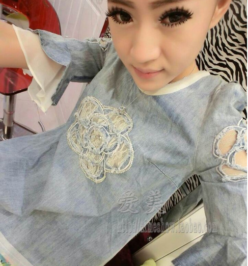 欧洲站14春夏女款荷叶袖娃娃款水洗牛仔上衣