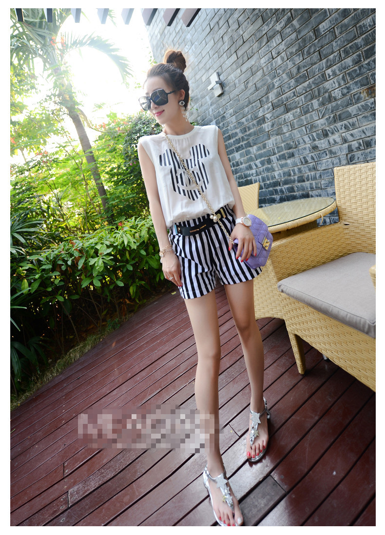 2014 欧洲站 真丝拼棉麻条纹<em>短裤连体</em>裤<em>套装</em> 女
