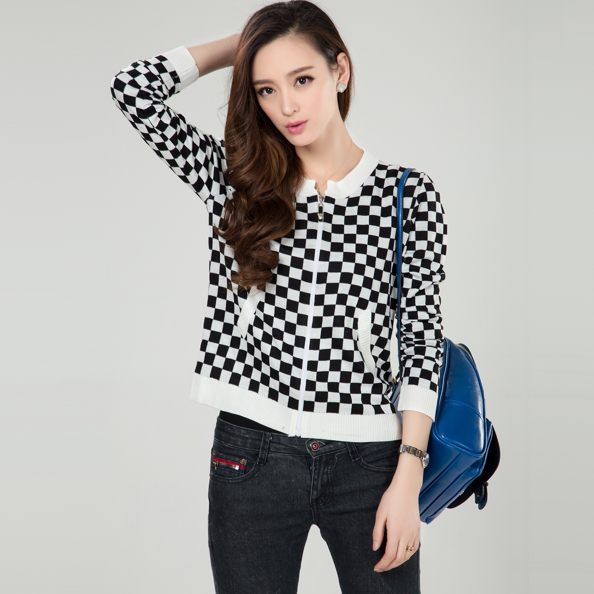 2014 新款韩版直销时尚格子<em>圆领</em>拉链<em>开衫针织</em>