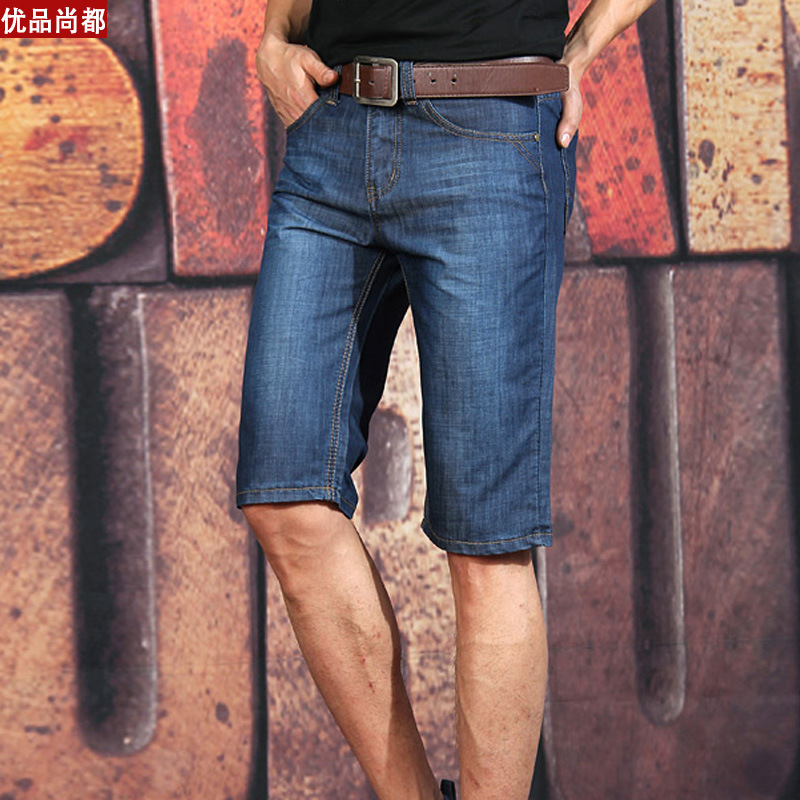 款男装<em>牛仔</em>中裤 蓝色韩版修身<em>男式牛仔短裤</em> 五