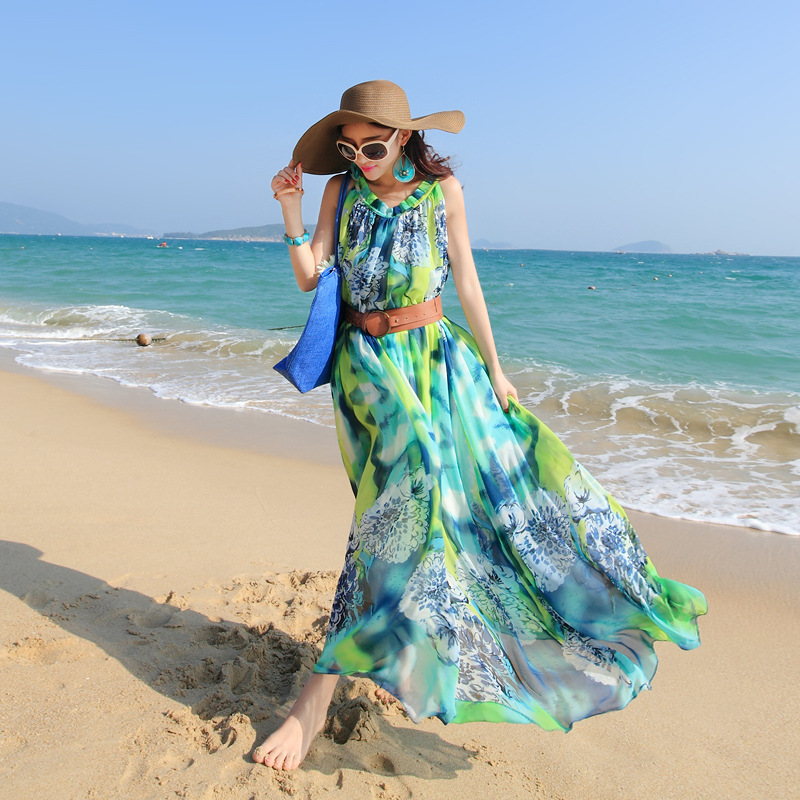 2014夏季连衣裙雪纺印花领口褶皱边海边度假
