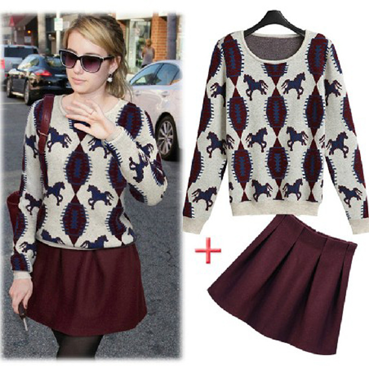 时尚早班车 2014新款欧美针织小马<em>提花</em>长袖毛