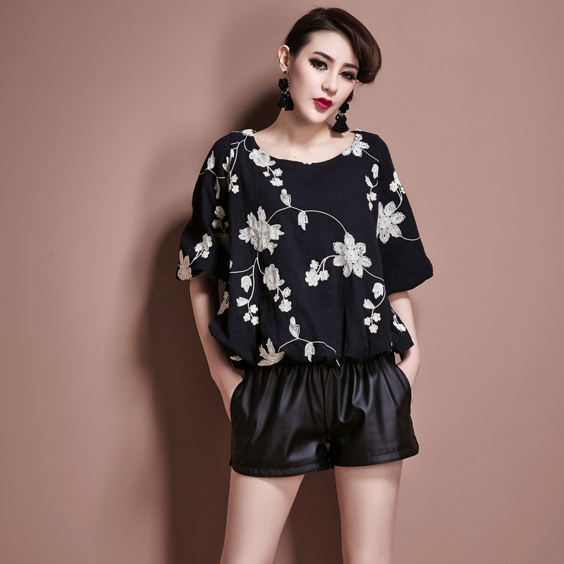 <em>欧洲站</em>2014春装<em>女装</em>新款中袖绣花上衣+皮革短
