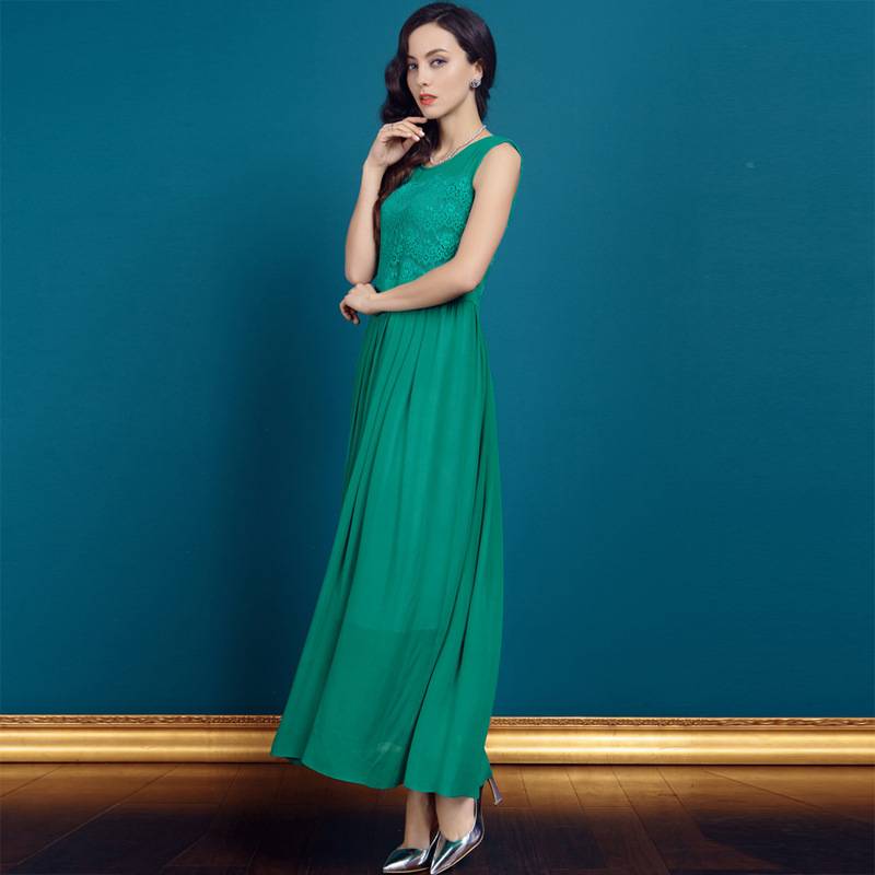 VOA高端真丝无袖<em>长裙子</em> 蕾丝<em>修身连衣裙</em> 韩国