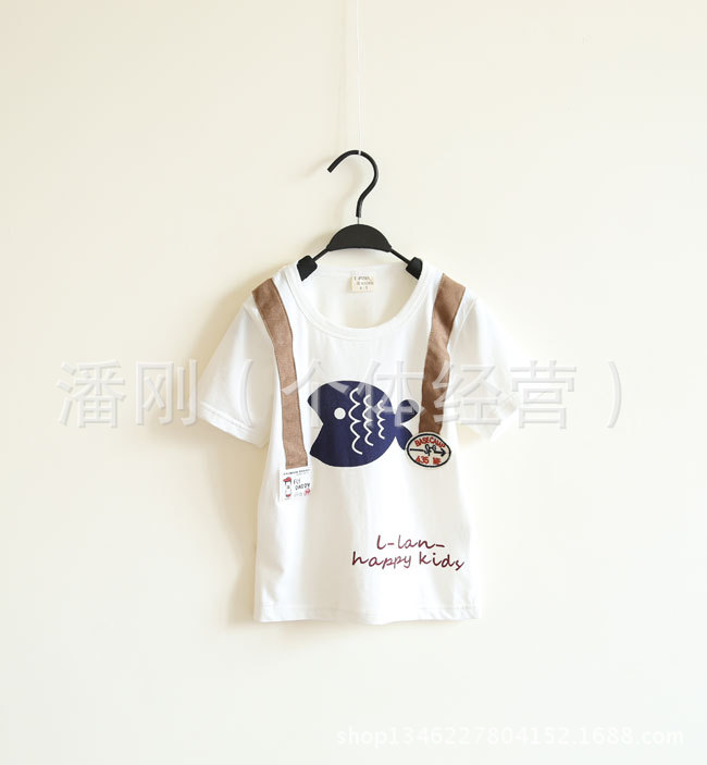 wy14-097【欧美】纯棉小鱼咖啡贡缎假背带t恤