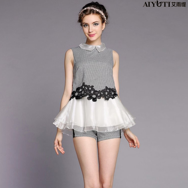 千鸟格<em>套装短裤女装</em>2014春夏新款<em>欧洲站</em>千格