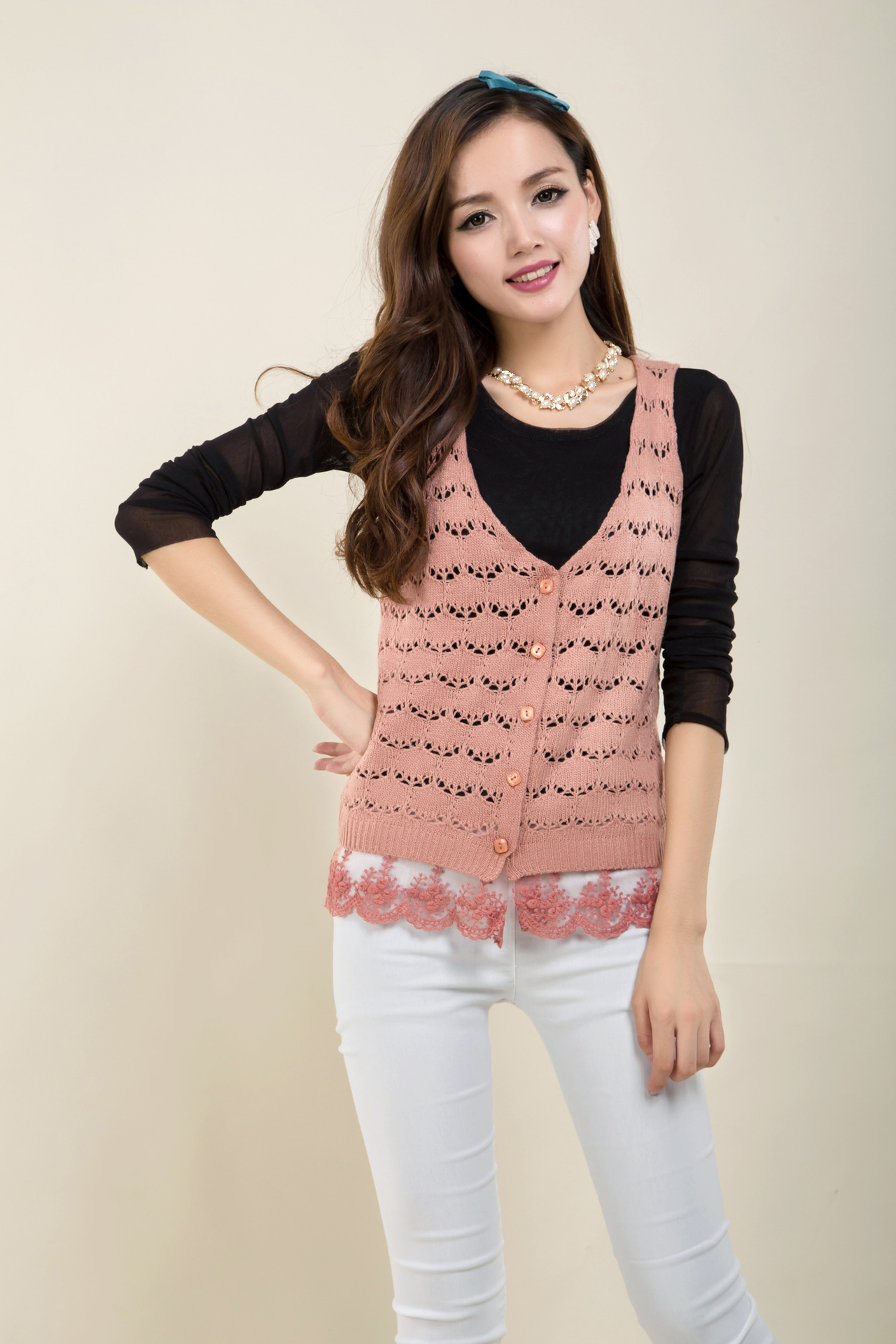 14新款 韩版<em>钩花</em>镂空<em>开衫女士背心</em> 可爱糖果色