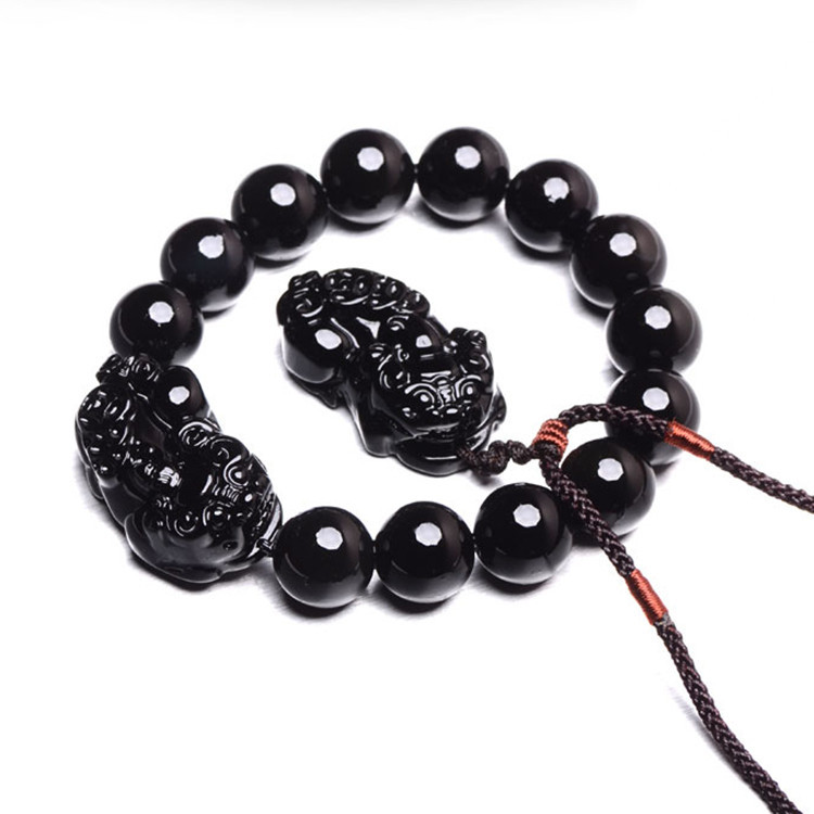 天然黑曜石貔貅手链 东海水晶饰品招财转运貔