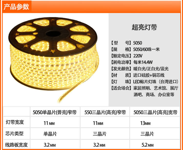 led 5050 一米60珠 超亮灯带 220v 防水灯带 可定制 厂家直销