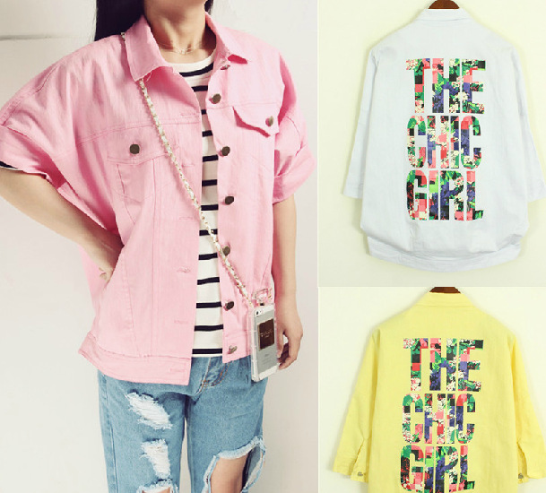 春夏韩国<em>原宿风</em>糖果色牛仔外套短袖<em>印花字母开</em>
