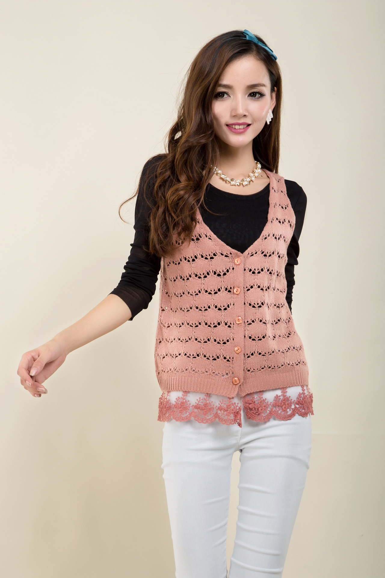 14新款 韩版<em>钩花</em>镂空<em>开衫女士背心</em> 可爱糖果色