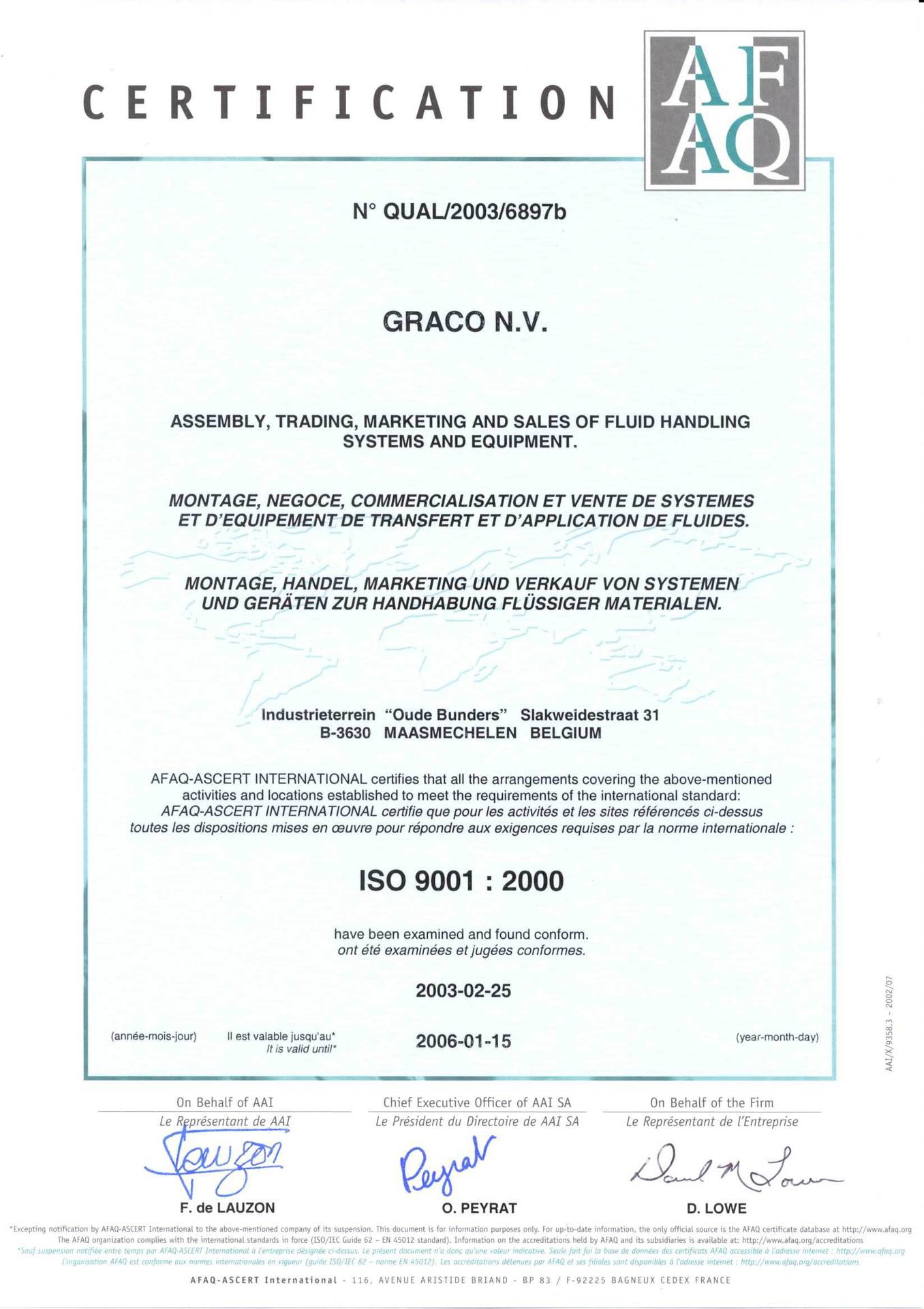 GRACO。ISO9000认证证书