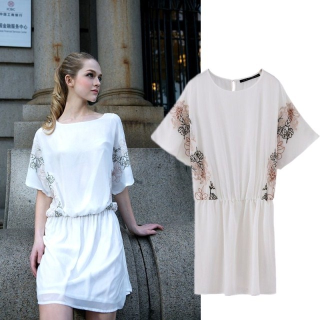 欧美风女2014夏季时尚街拍刺绣短袖女士连衣