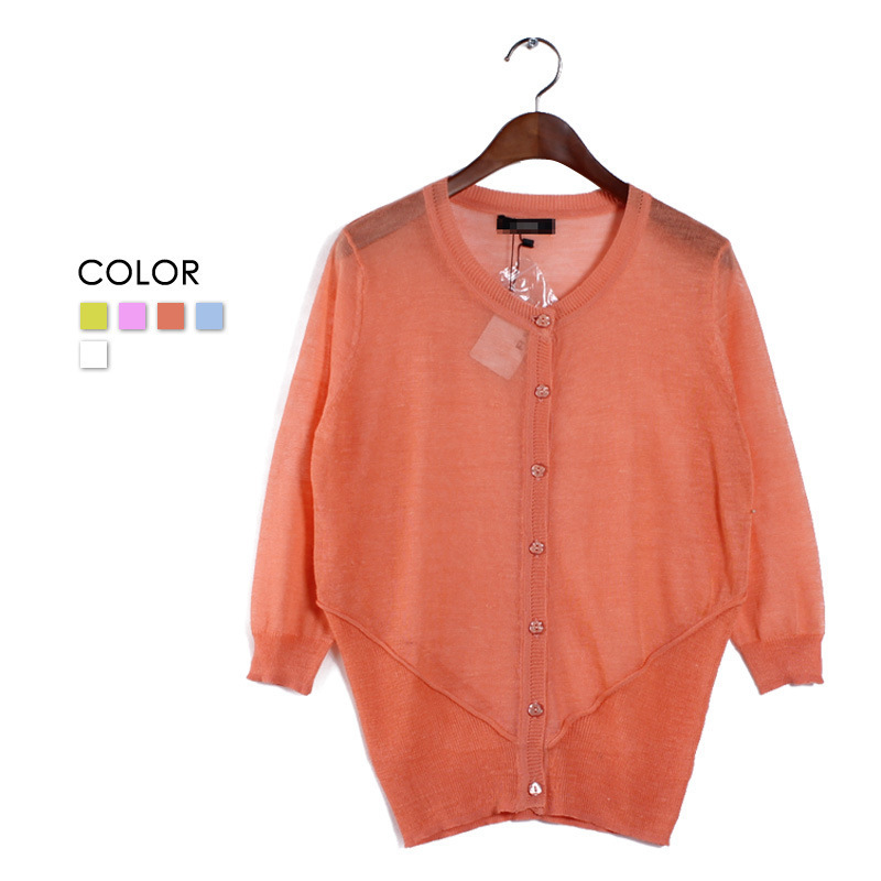 针织衫 马卡龙七分袖短款亚麻针织女薄<em>开衫</em>针