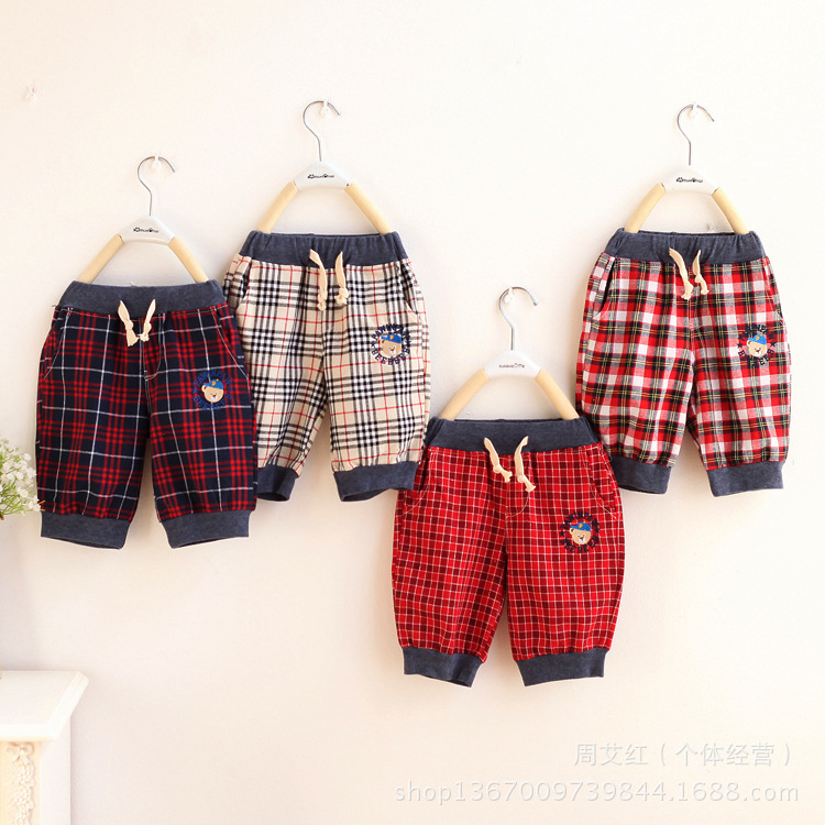 新款儿童<em>短裤</em> 棉麻格子男童<em>短裤</em> <em>小熊刺绣</em> 亚麻