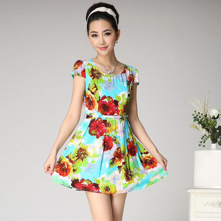 欧美时尚<em>品牌</em>精品<em>女装</em>一件<em>代发</em>印花雪纺裙修身