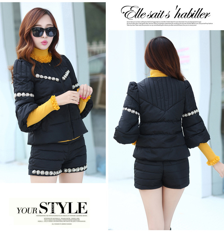 秋冬新款 钉珠镶钻<em>棉衣</em>套装女 韩版修身<em>棉衣棉</em>