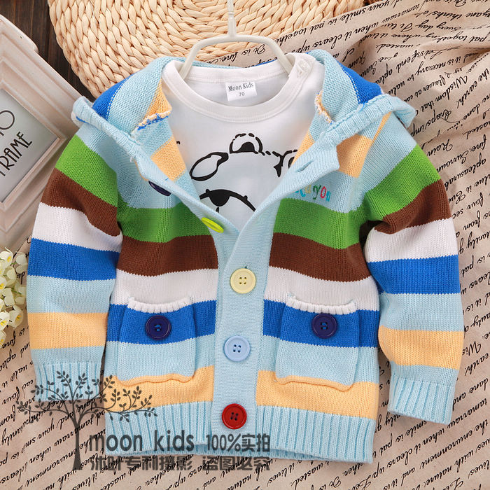 2014春季<em>女童</em>条纹毛衣<em>开衫连帽针织衫</em>宝宝外