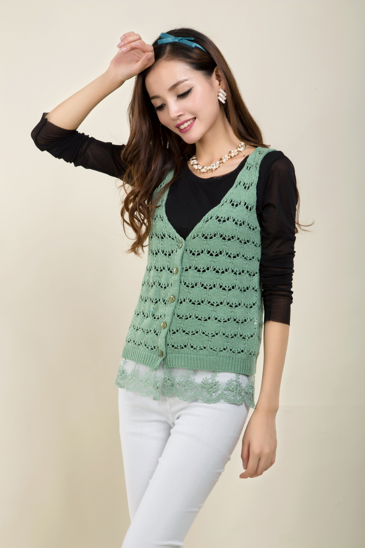 14新款 韩版<em>钩花</em>镂空<em>开衫女士背心</em> 可爱糖果色