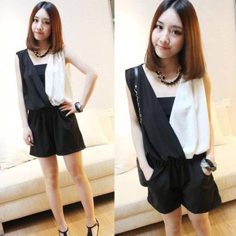 韩版新款连衣裤无袖黑白拼V领<em>连体 短裤厂家</em>新