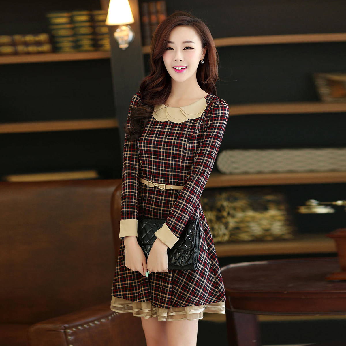 四季青<em>女装</em>2014<em>春季</em>新款韩版修身格子<em>连衣裙</em>