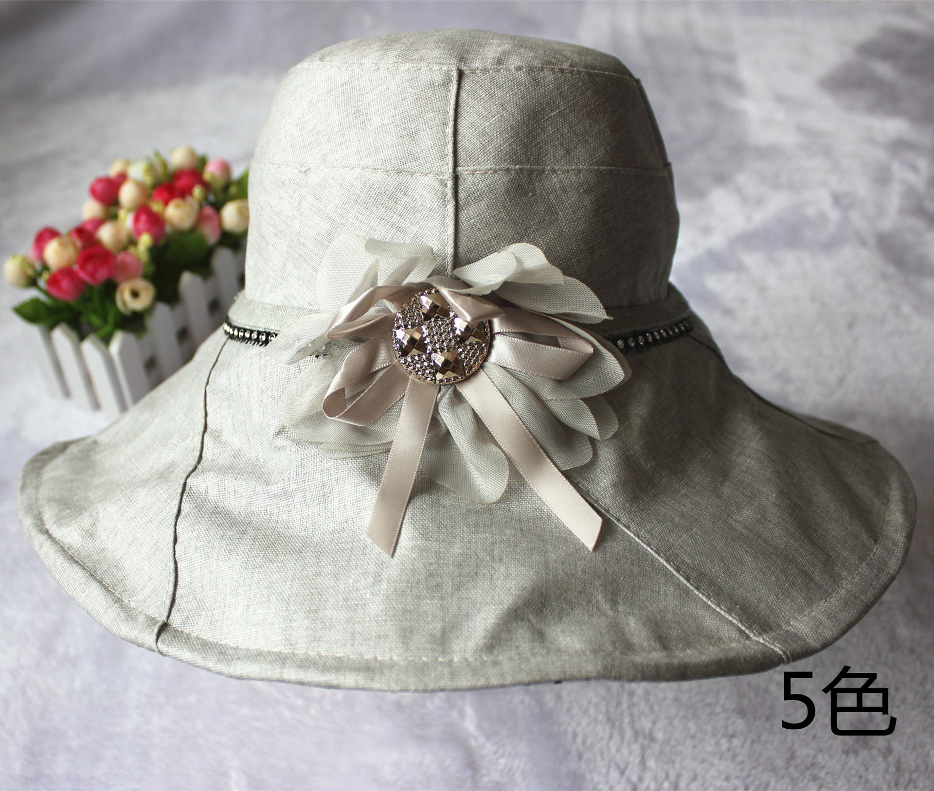 夏季新款棉布花朵带钻盆帽 女士户外遮阳帽可
