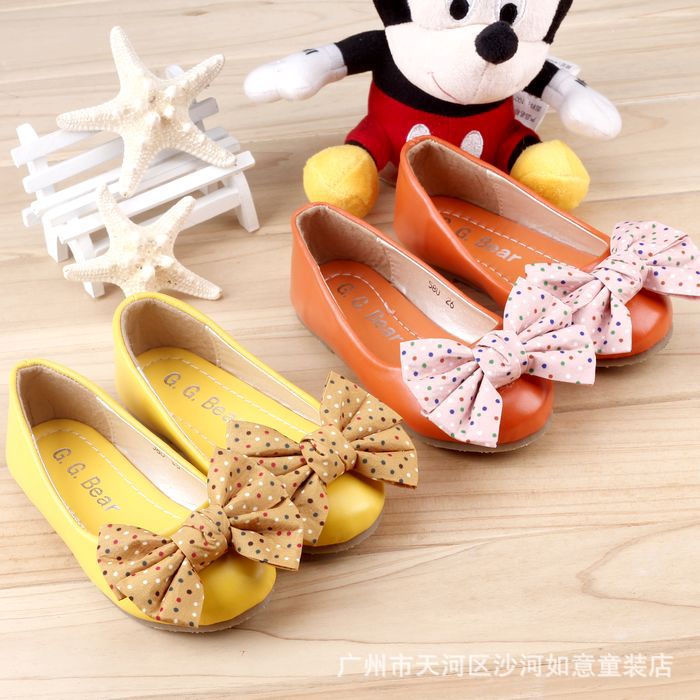 2014秋款新货上架韩版童鞋公主单皮鞋 蝴蝶结波点撞色女童皮鞋