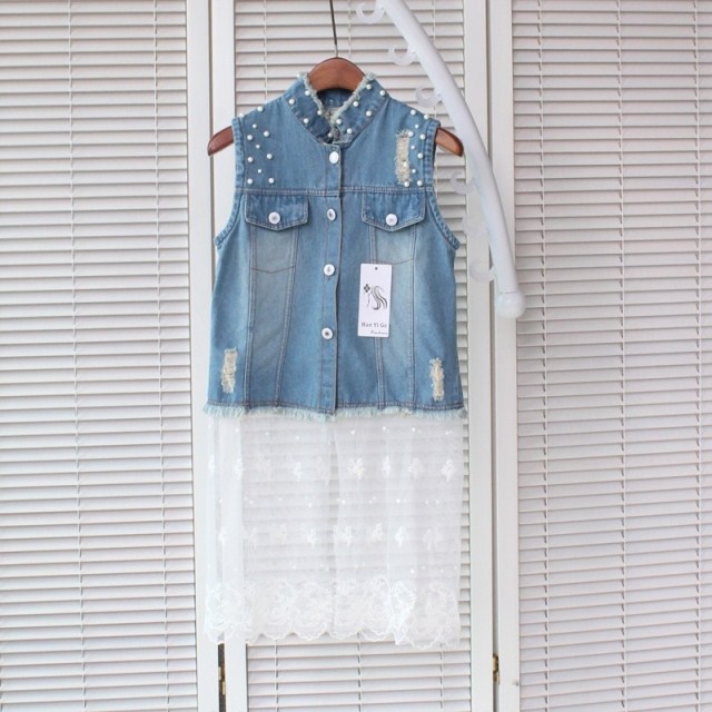 韩版<em>立领</em>订珠蕾丝拼接<em>牛仔马甲女</em># <em>图片</em>_高清