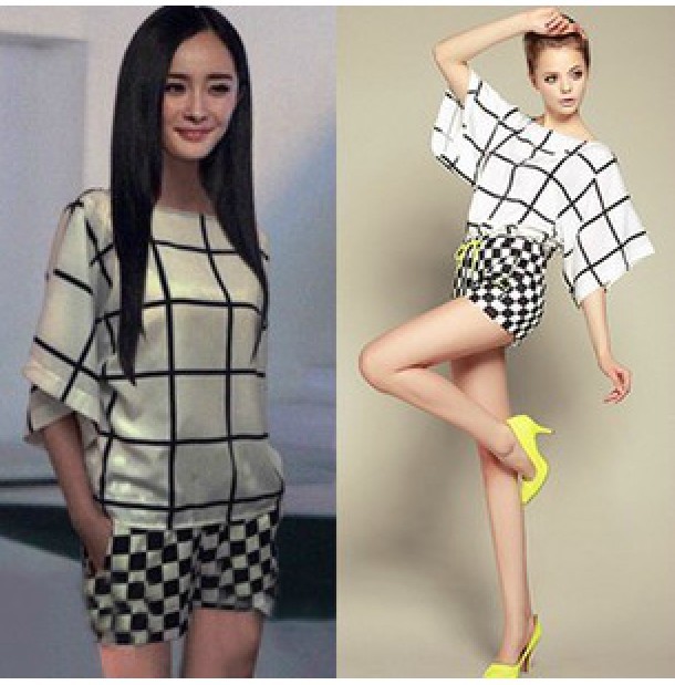 杨幂明星同款女装格子<em>雪纺上衣</em>搭配<em>短裤</em>两件套