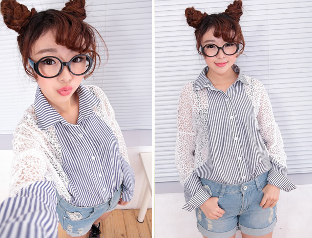 新款 时尚潮流韩版蕾丝长袖竖条<em>开衫女衬衫</em> 图