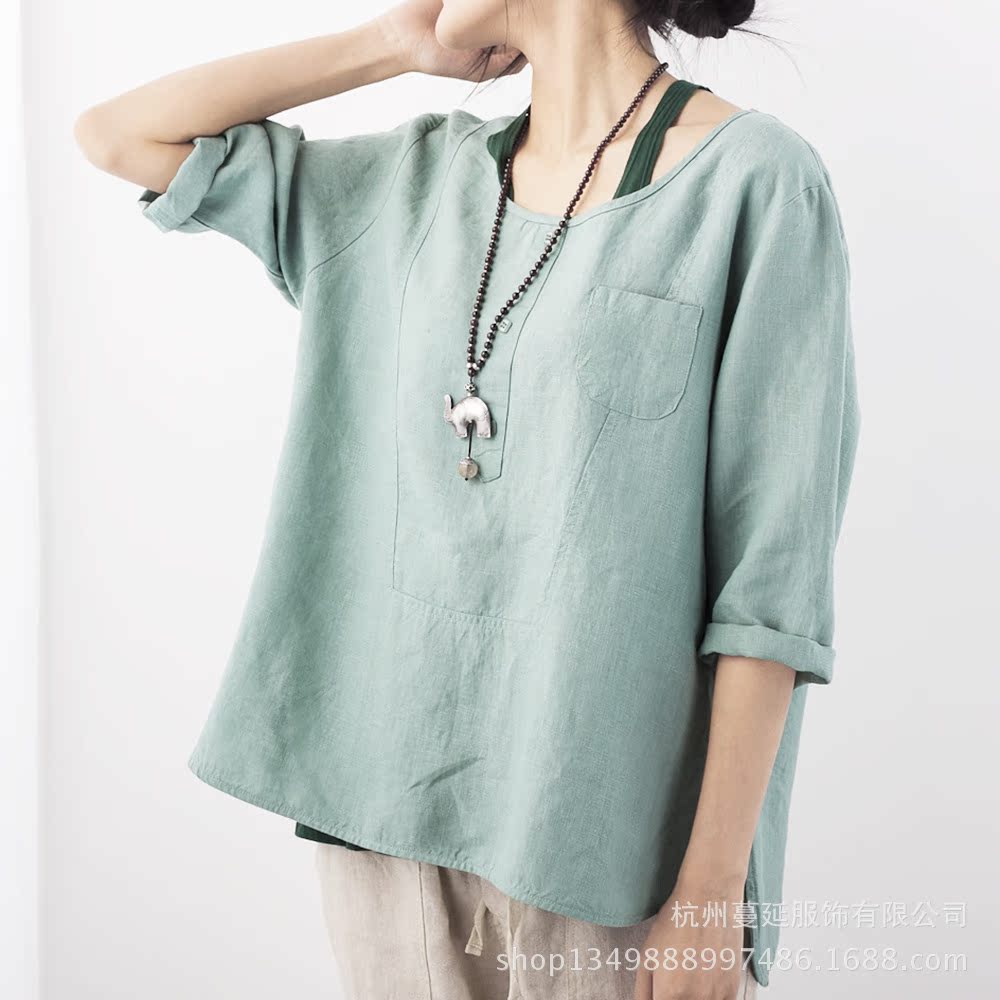 2014春夏新款<em>品牌女装</em> <em>棉麻</em>文艺清新简约 宽松