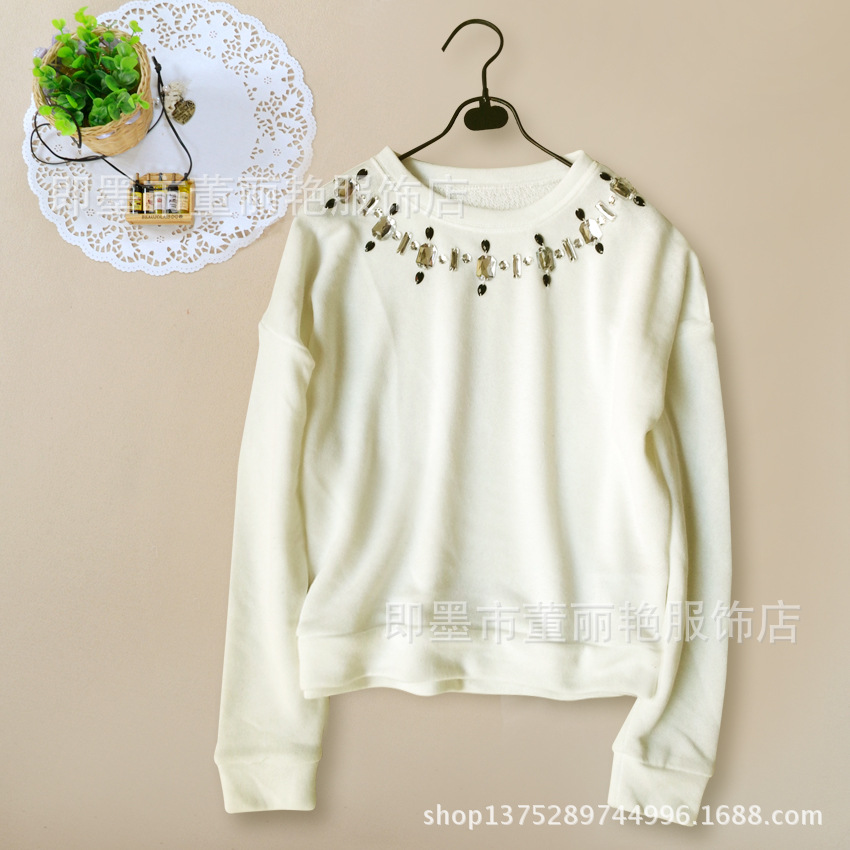 出<em>秋款</em>日单 <em>女士</em>毛圈手工订钻长袖<em>短裤</em>T恤 图