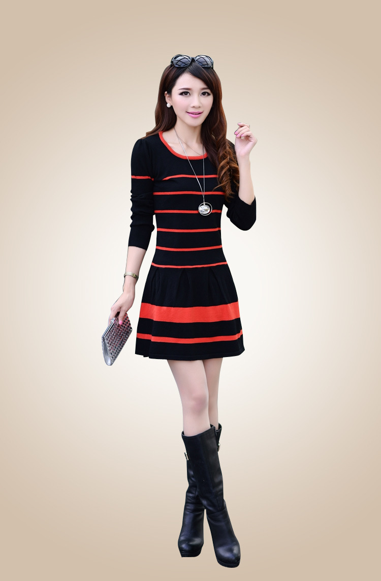 【诺司尼 2014春装新款<em>连衣裙</em> <em>长袖</em>条纹<em>毛衣</em>女