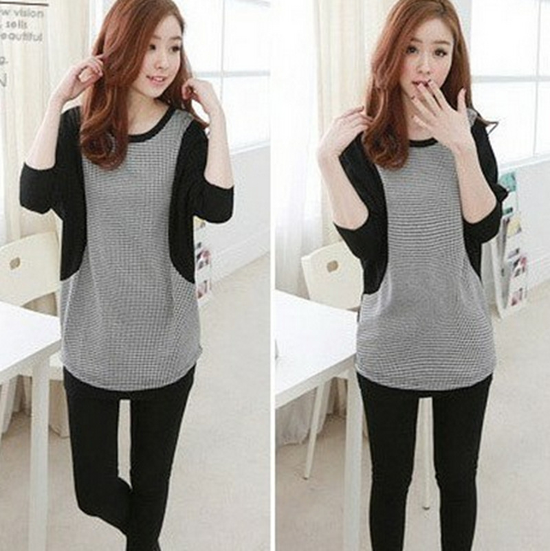 <em>2014春季</em>新款<em>女装</em>韩版千鸟格拼接长袖棉质圆