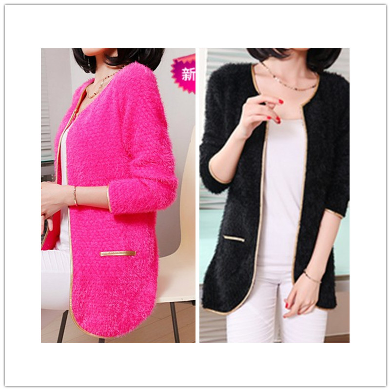 【直销】2014<em>春</em>新款<em>针织女式</em>马海毛金色边开