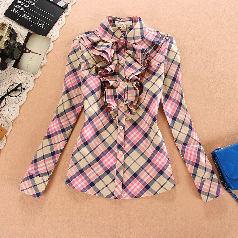 2014专柜款春装新款女装大花边斜格子长袖衬衫